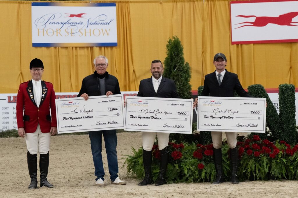 The 2026 PNHS will offer expanded trainer bonuses, doubling the amount given from $20,000 to $40,000. Pictured are the 2025 Leading 3'6"–4' Trainer Award winners. Photo by RandolphPR